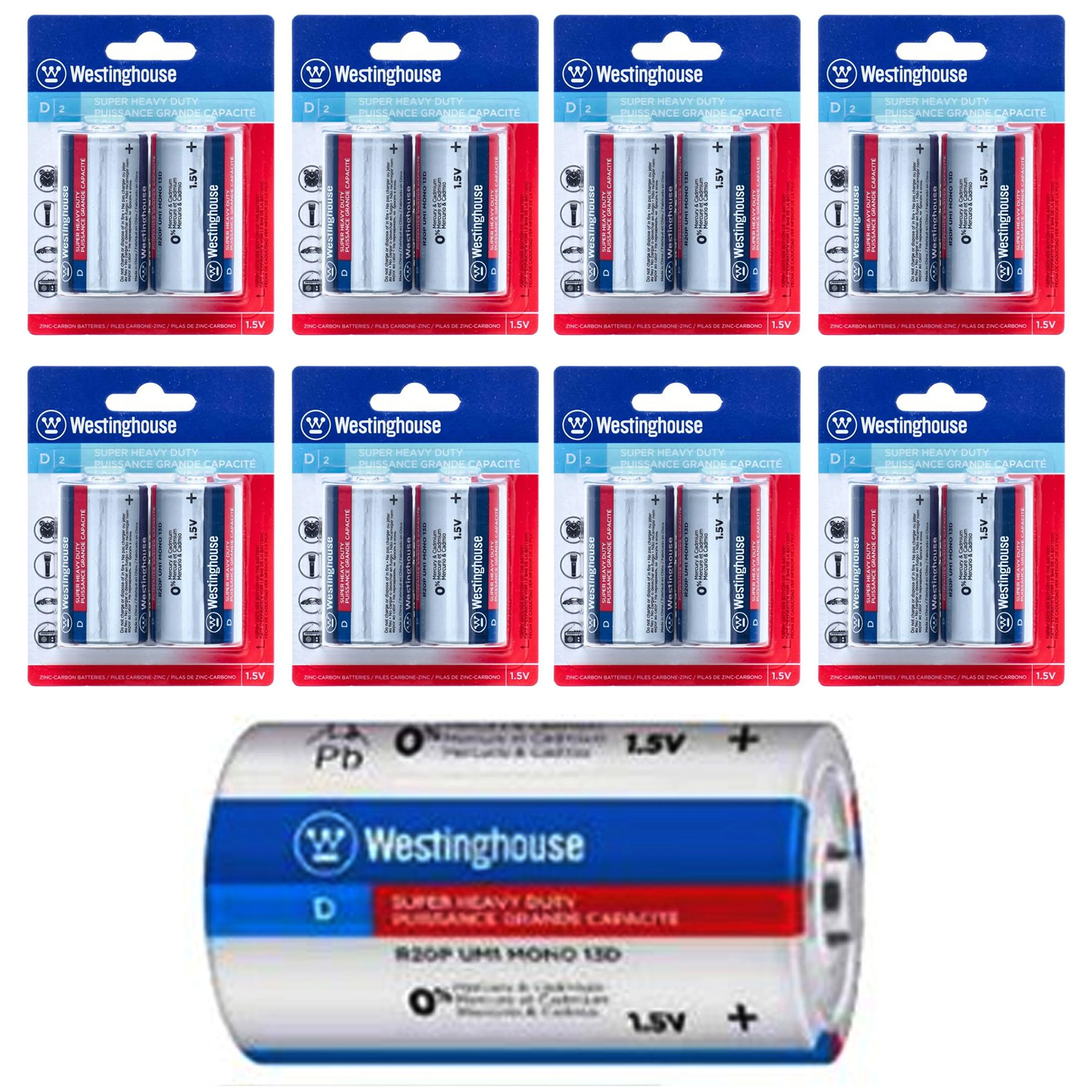 16 Pc Size D Batteries Super Heavy Duty 1.5V Zinc Carbon Power Long Lasting