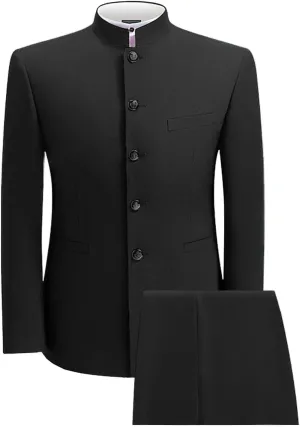 2 Piece Men's Chinese Suit Chinese Stand Collar Slim Fit Suits Front Button Blazer Pant Set