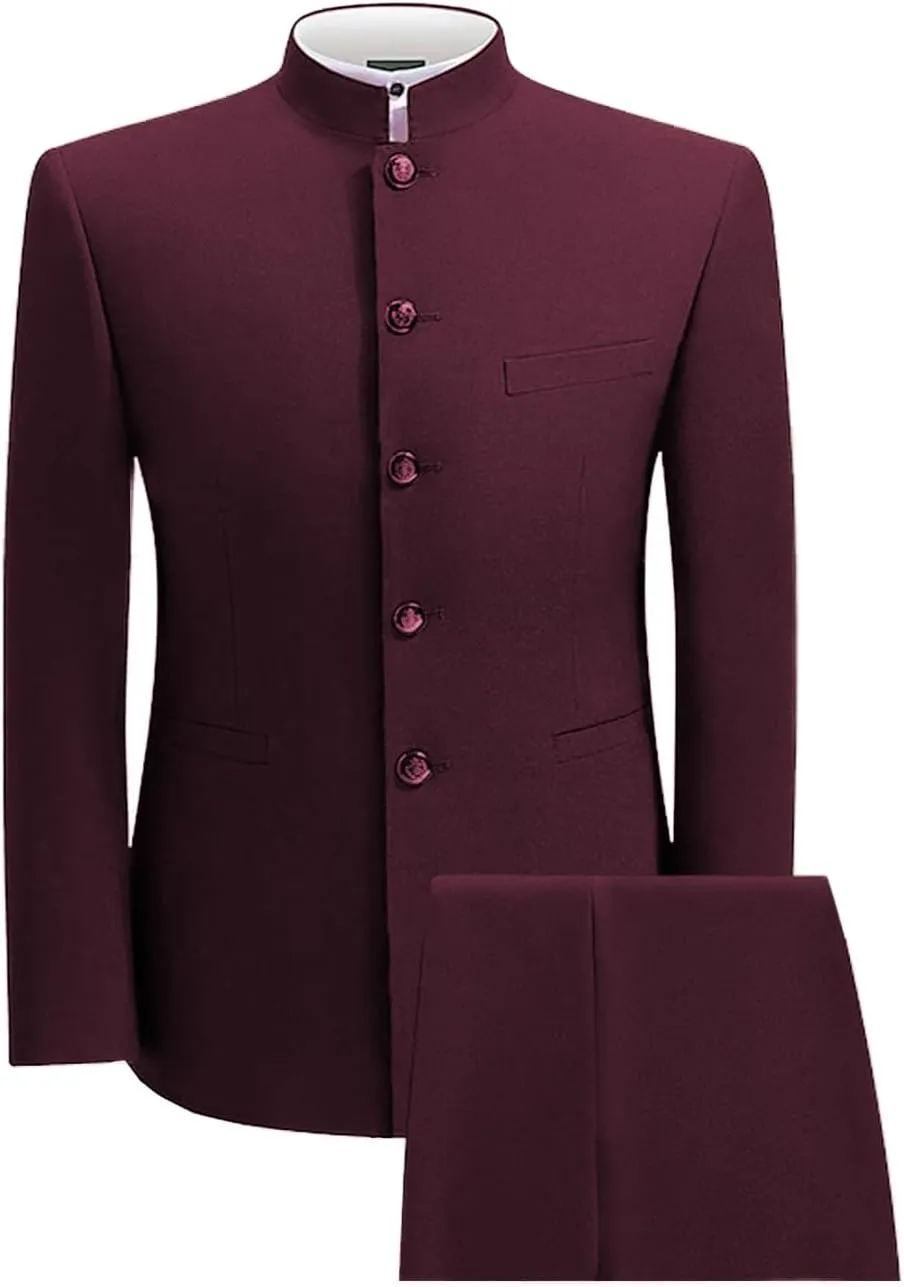 2 Piece Men's Chinese Suit Chinese Stand Collar Slim Fit Suits Front Button Blazer Pant Set