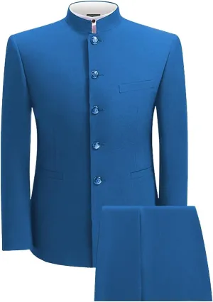 2 Piece Men's Chinese Suit Chinese Stand Collar Slim Fit Suits Front Button Blazer Pant Set