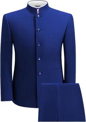 2 Piece Men's Chinese Suit Chinese Stand Collar Slim Fit Suits Front Button Blazer Pant Set