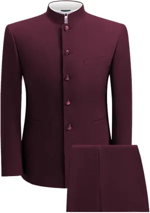 2 Piece Men's Chinese Suit Chinese Stand Collar Slim Fit Suits Front Button Blazer Pant Set