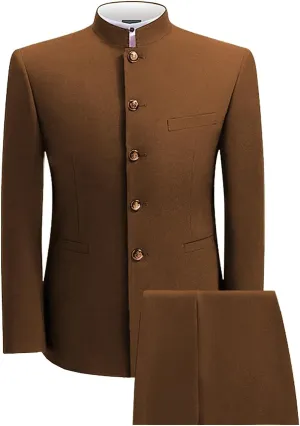 2 Piece Men's Chinese Suit Chinese Stand Collar Slim Fit Suits Front Button Blazer Pant Set