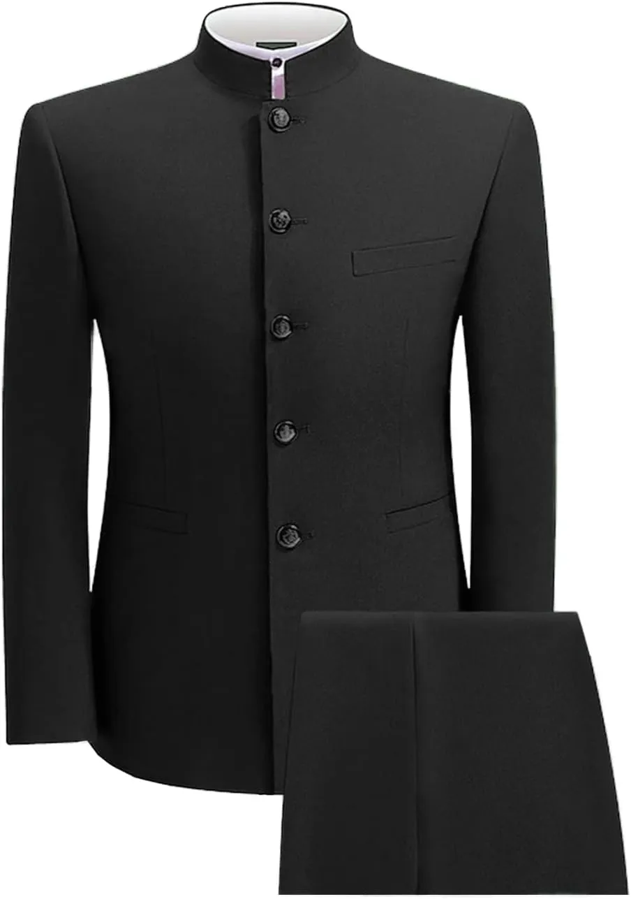 2 Piece Men's Chinese Suit Chinese Stand Collar Slim Fit Suits Front Button Blazer Pant Set