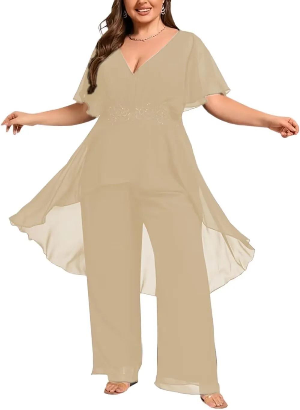 2 Pieces Mother of The Bride Pant Suits for Wedding Chiffon Dressy Pantsuits for Women Evening Party with Sleeves