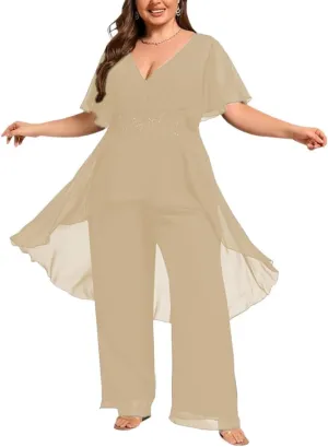 2 Pieces Mother of The Bride Pant Suits for Wedding Chiffon Dressy Pantsuits for Women Evening Party with Sleeves