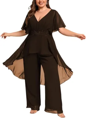 2 Pieces Mother of The Bride Pant Suits for Wedding Chiffon Dressy Pantsuits for Women Evening Party with Sleeves
