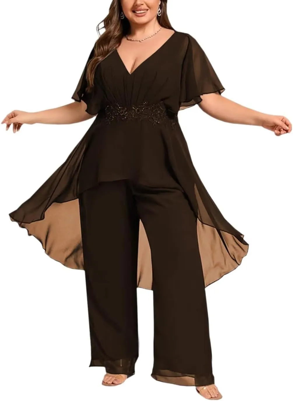 2 Pieces Mother of The Bride Pant Suits for Wedding Chiffon Dressy Pantsuits for Women Evening Party with Sleeves