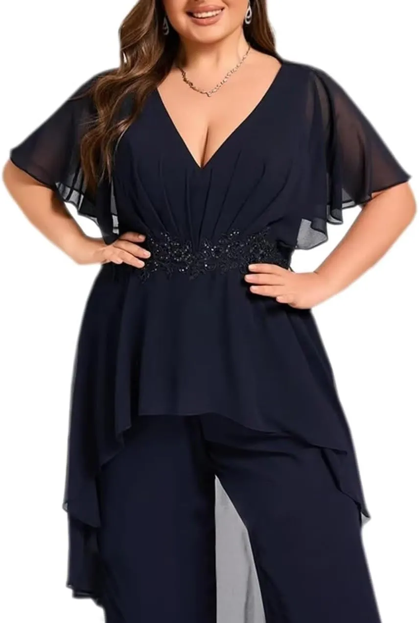 2 Pieces Mother of The Bride Pant Suits for Wedding Chiffon Dressy Pantsuits for Women Evening Party with Sleeves