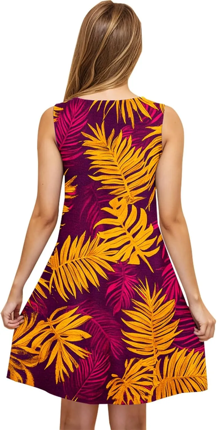 2025 Funny Print Swing Mini Dress for Women Beach Sleeveless Tank Sundresses Summer Scoop Neck T Shirt Tunic Dresses