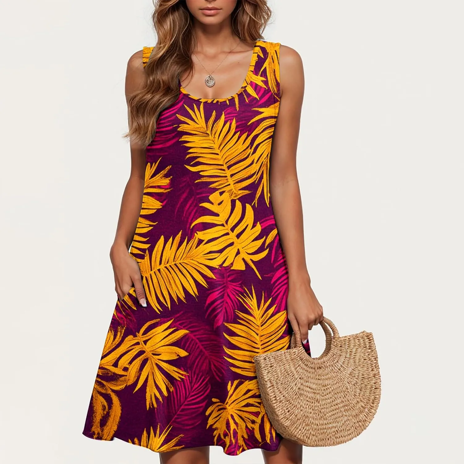 2025 Funny Print Swing Mini Dress for Women Beach Sleeveless Tank Sundresses Summer Scoop Neck T Shirt Tunic Dresses