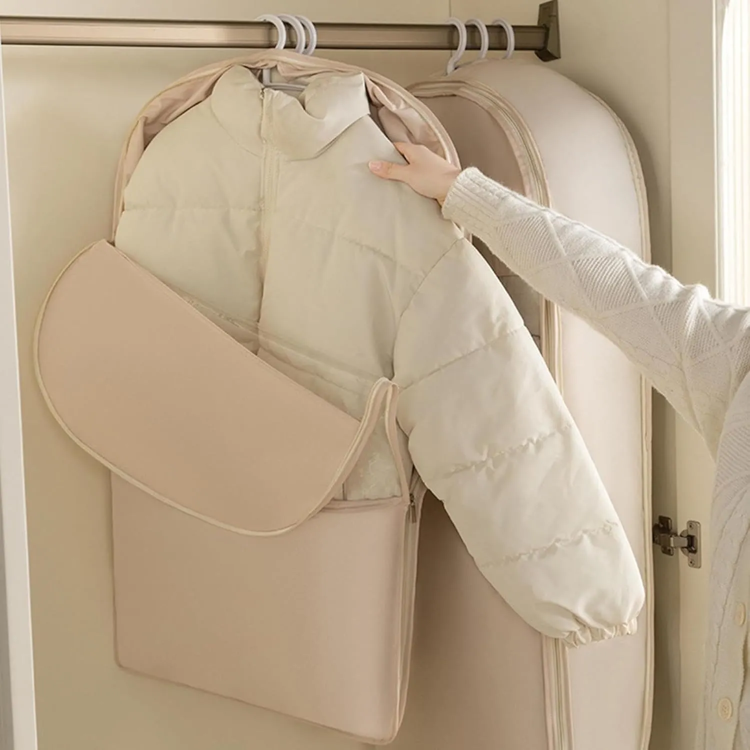 2025 New Garment Bag, Garment Bags for Hanging Clothes Travel, Space Saving Hanging Garment Bag with Self Compression Zipper, Dust Cover Clothes Bags for Down Coat (White, Small-35.43X22.83X5.91in)