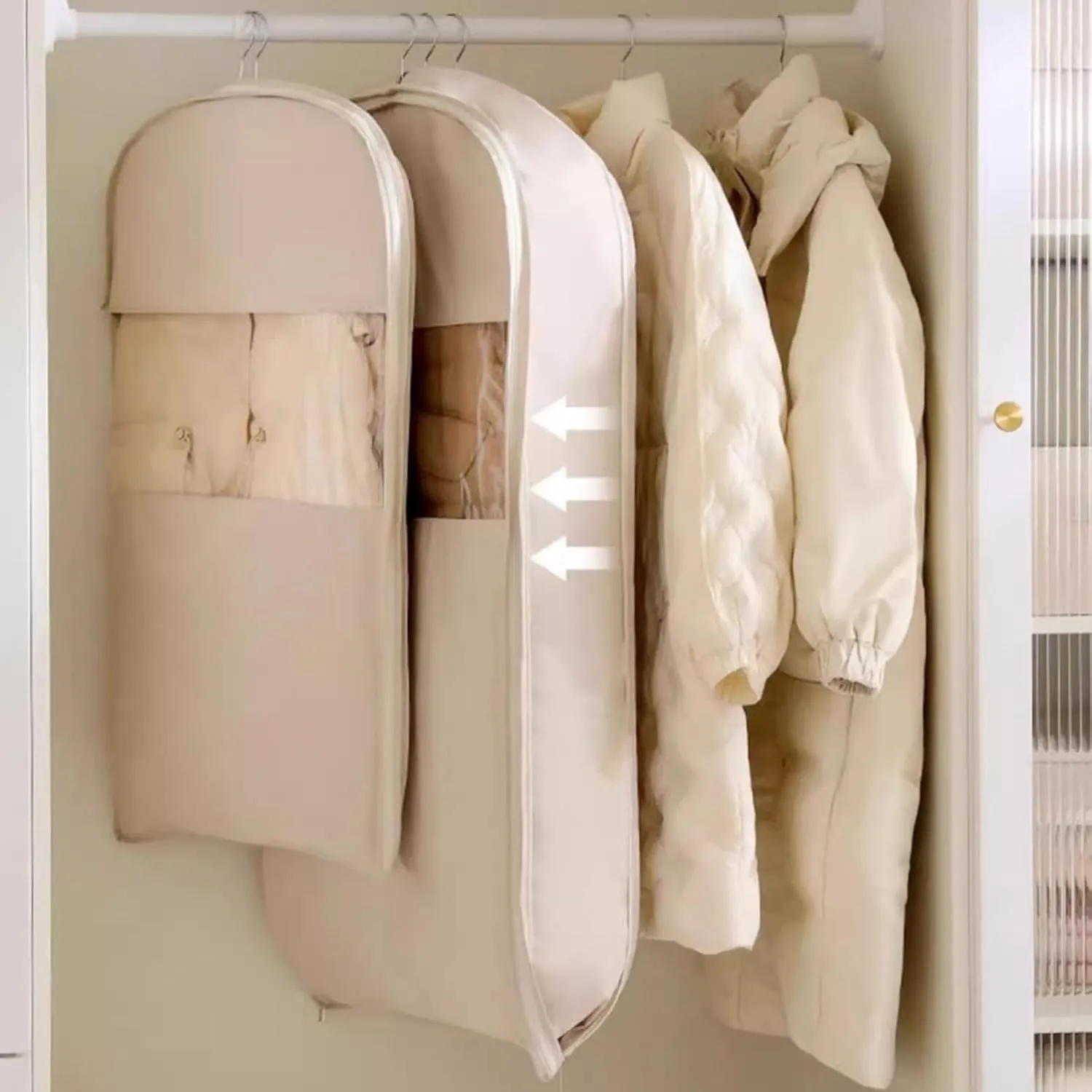 2025 New Garment Bag, Garment Bags for Hanging Clothes Travel, Space Saving Hanging Garment Bag with Self Compression Zipper, Dust Cover Clothes Bags for Down Coat (White, Small-35.43X22.83X5.91in)