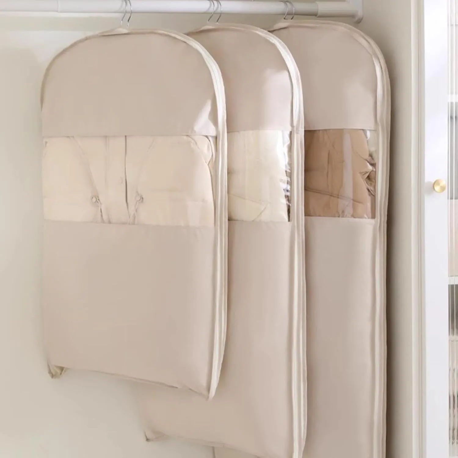 2025 New Garment Bag, Garment Bags for Hanging Clothes Travel, Space Saving Hanging Garment Bag with Self Compression Zipper, Dust Cover Clothes Bags for Down Coat (White, Small-35.43X22.83X5.91in)