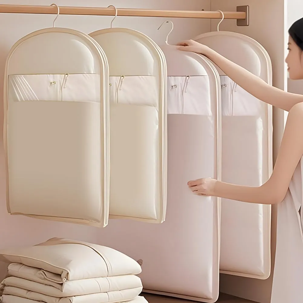 2025 New Space Saving Hanging Garment Bag with Self Compression Zipper, Upgrade Dust Cover Clothes Bags for Down Coat, Closet Organizers Heavy Duty Garment Bag Winter Coat Storage (Beige, L)