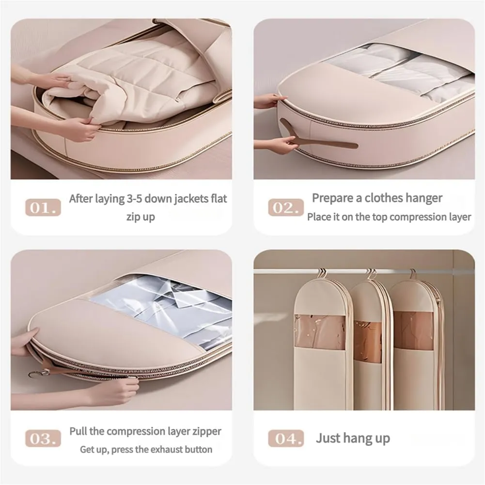 2025 New Space Saving Hanging Garment Bag with Self Compression Zipper, Upgrade Dust Cover Clothes Bags for Down Coat, Closet Organizers Heavy Duty Garment Bag Winter Coat Storage (Beige, L)