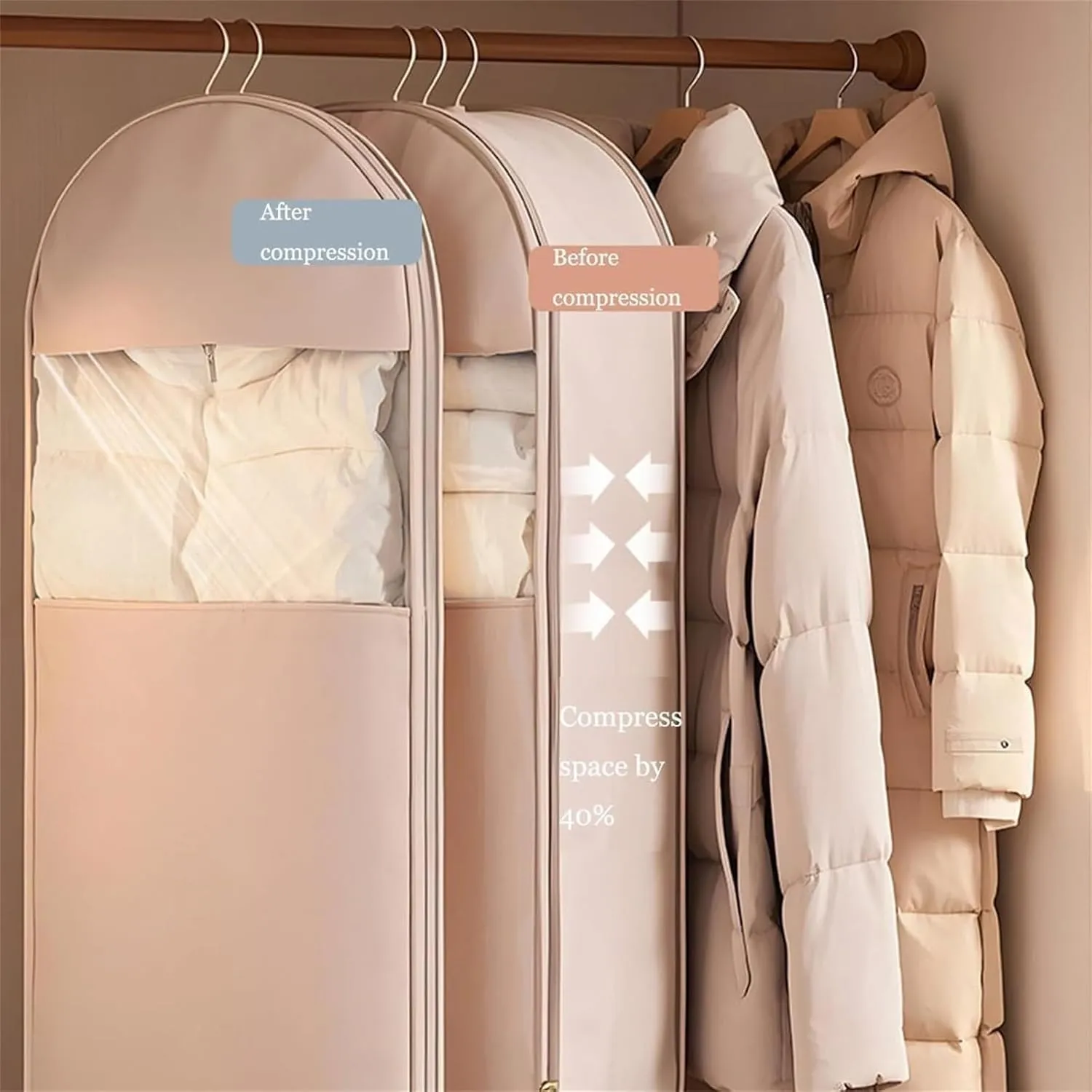 2025 Space Saving Hanging Garment Bag With Self Compression Zipper, Garment Bags For Hanging Clothes, Heavy Duty Garment Bag For Down Coat (Beige, M)
