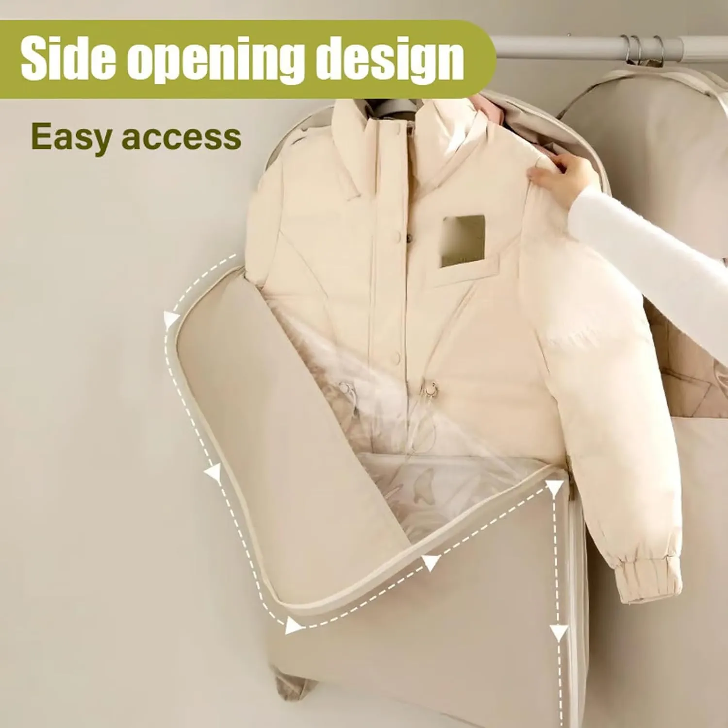 2025 Space Saving Hanging Garment Bag With Self Compression Zipper, Garment Bags For Hanging Clothes, Heavy Duty Garment Bag For Down Coat (Beige, M)