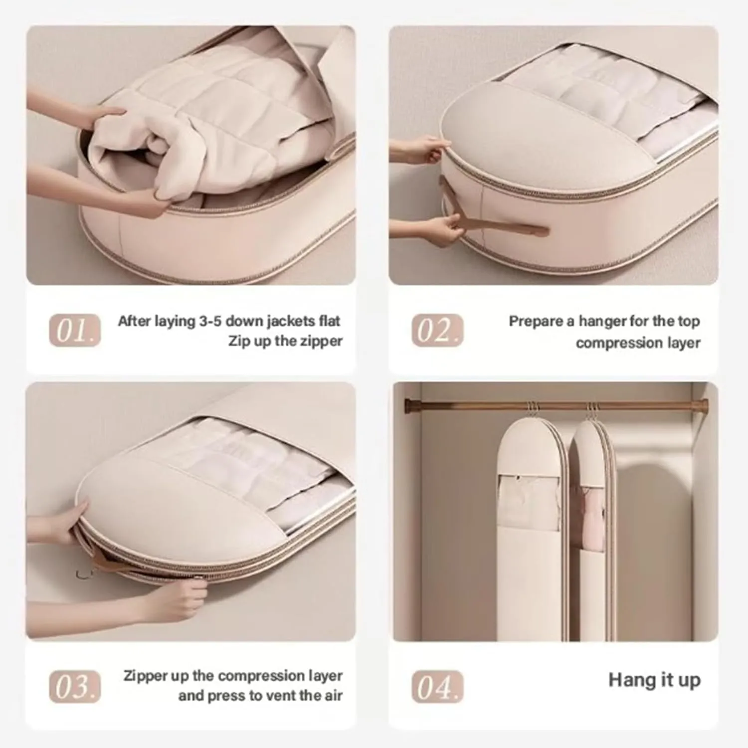 2025 Space Saving Hanging Garment Bag With Self Compression Zipper, Garment Bags For Hanging Clothes, Heavy Duty Garment Bag For Down Coat (Beige, M)