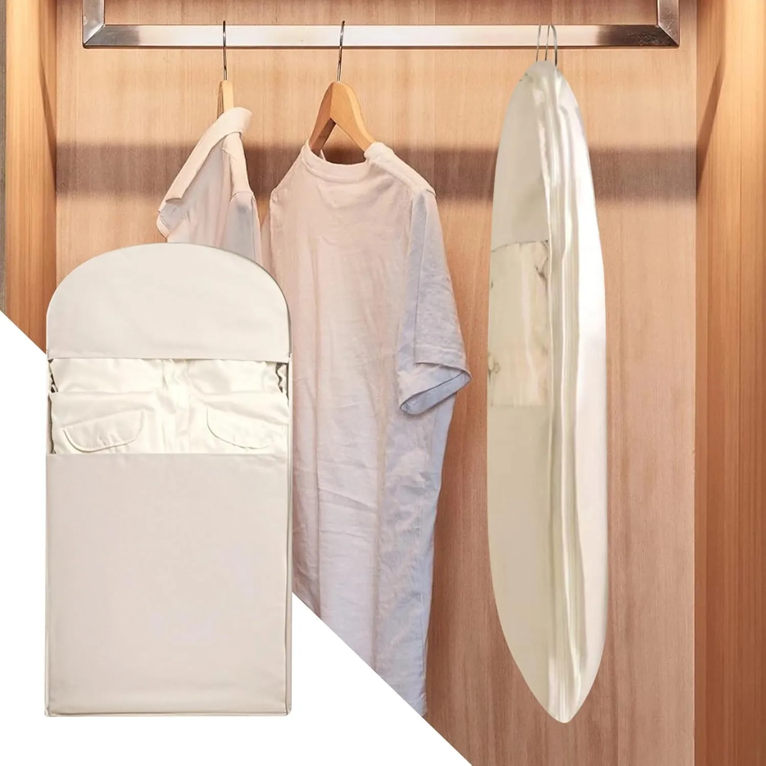 2025 Space Saving Hanging Garment Bag With Self Compression Zipper, Garment Bags For Hanging Clothes, Heavy Duty Garment Bag For Down Coat (Beige, M)