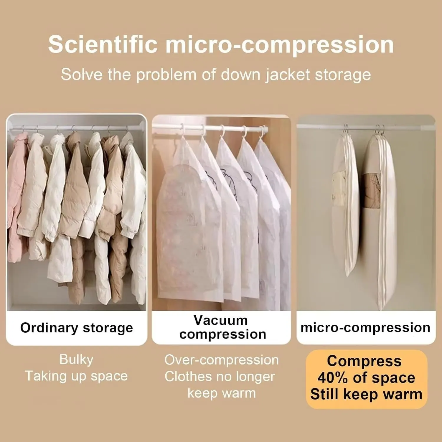 2025 Space Saving Hanging Garment Bag with Self Compression Zipper,garment bags for hanging clothes,Dust Cover Clothes Bags for Down Coat (Beige,M)
