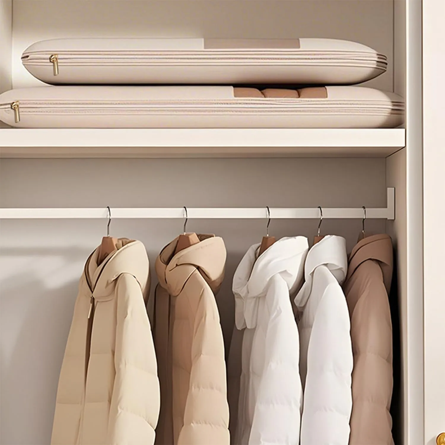 2025 Space Saving Hanging Garment Bag with Self Compression Zipper,garment bags for hanging clothes,Dust Cover Clothes Bags for Down Coat (Beige,M)