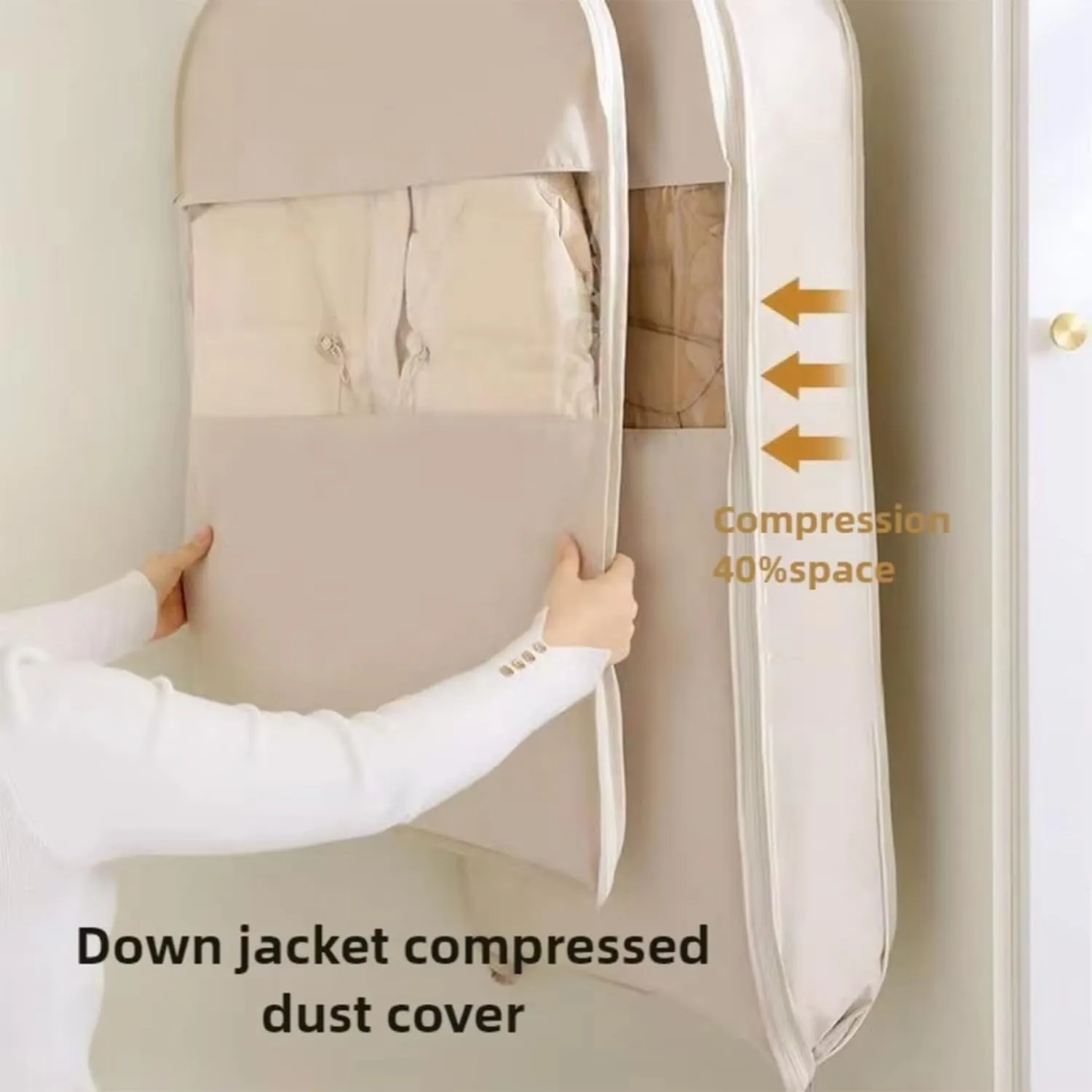 2025 Space Saving Hanging Garment Bag with Self Compression Zipper,garment bags for hanging clothes,Dust Cover Clothes Bags for Down Coat (Beige,M)