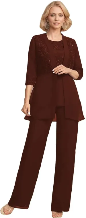 3 Pieces Mother of The Bride Pant Suits with Jacket Laces Sequin Chiffon Formal Evening Gowns for Women Dressy