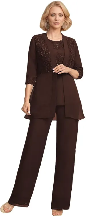 3 Pieces Mother of The Bride Pant Suits with Jacket Laces Sequin Chiffon Formal Evening Gowns for Women Dressy