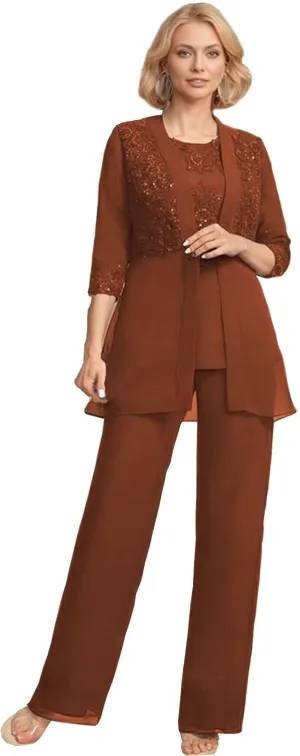 3 Pieces Mother of The Bride Pant Suits with Jacket Laces Sequin Chiffon Formal Evening Gowns for Women Dressy