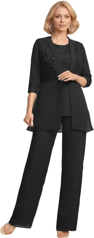 3 Pieces Mother of The Bride Pant Suits with Jacket Laces Sequin Chiffon Formal Evening Gowns for Women Dressy