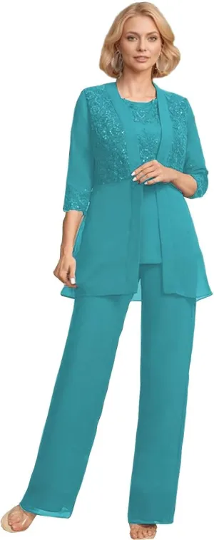 3 Pieces Mother of The Bride Pant Suits with Jacket Laces Sequin Chiffon Formal Evening Gowns for Women Dressy