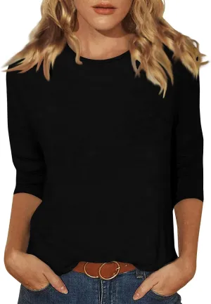 3/4 Length Sleeve Womens Tops Casual Loose Fit Crewneck T Shirts Cute Solid Three Quarter Length Tunic Tops