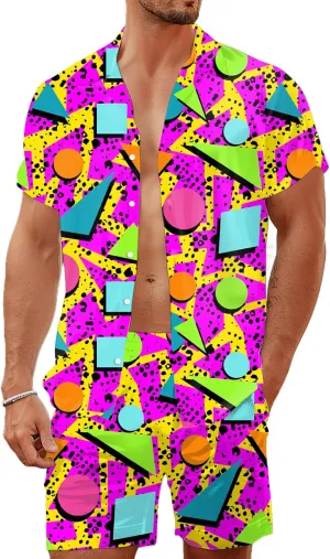 80s 90s Men's Hawaiian Outfits 2 Piece Shirt and Shorts Sets Button Down Beach Suits Disco Party