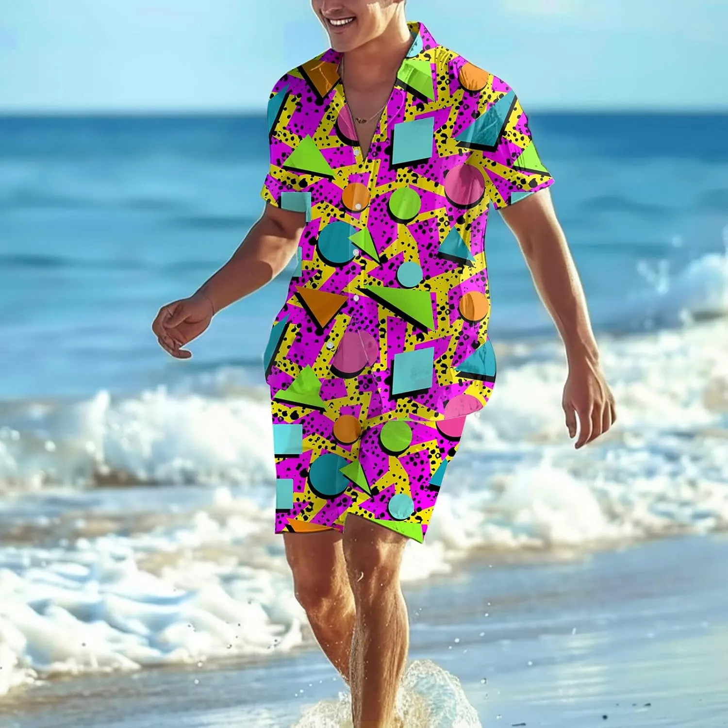 80s 90s Men's Hawaiian Outfits 2 Piece Shirt and Shorts Sets Button Down Beach Suits Disco Party
