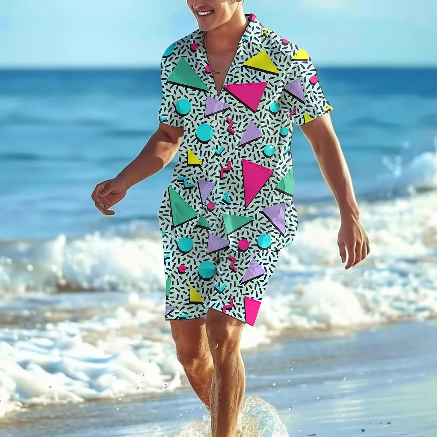 80s 90s Men's Hawaiian Outfits 2 Piece Shirt and Shorts Sets Button Down Beach Suits Disco Party