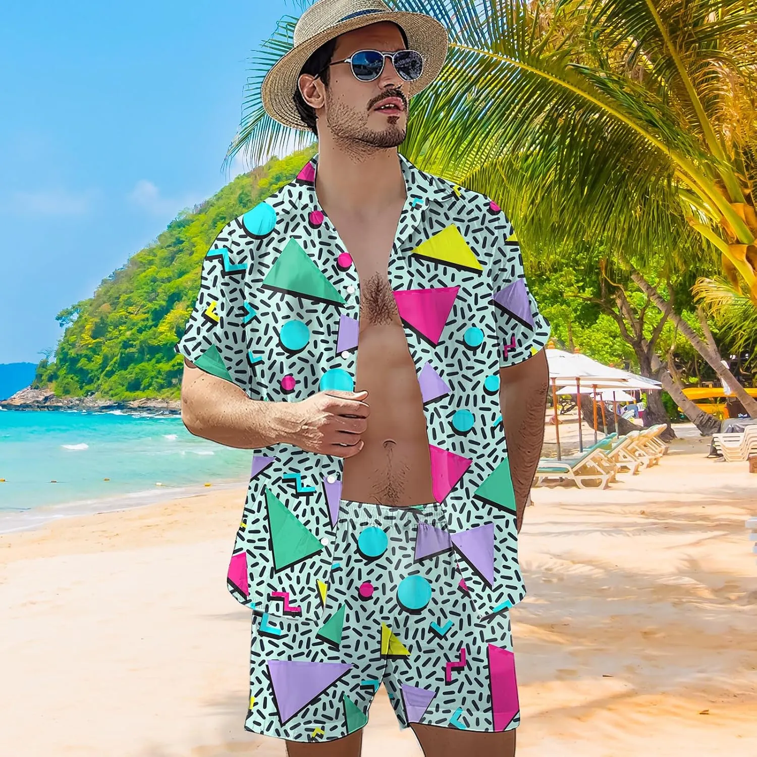80s 90s Men's Hawaiian Outfits 2 Piece Shirt and Shorts Sets Button Down Beach Suits Disco Party