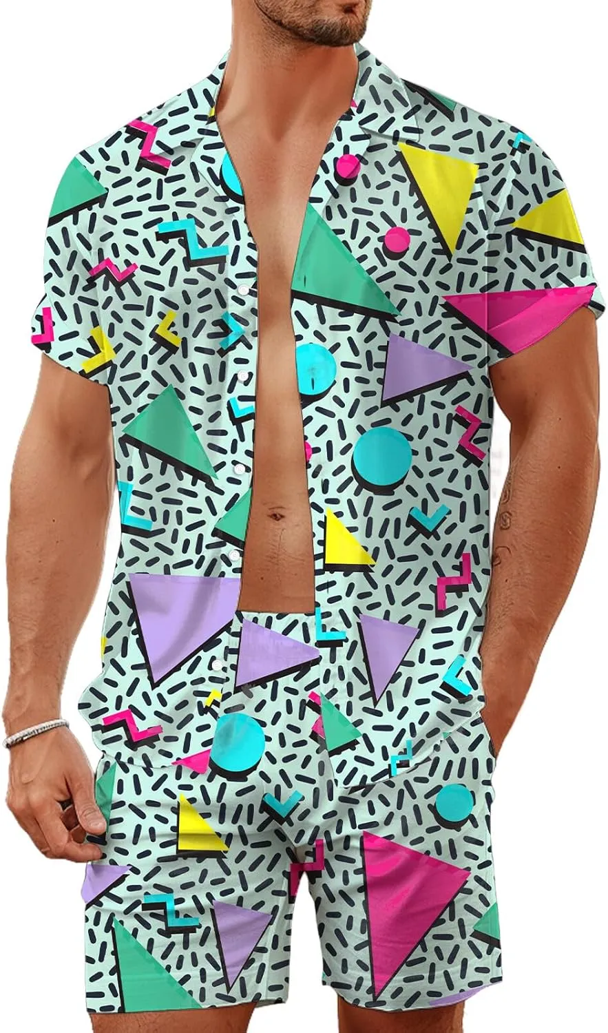 80s 90s Men's Hawaiian Outfits 2 Piece Shirt and Shorts Sets Button Down Beach Suits Disco Party