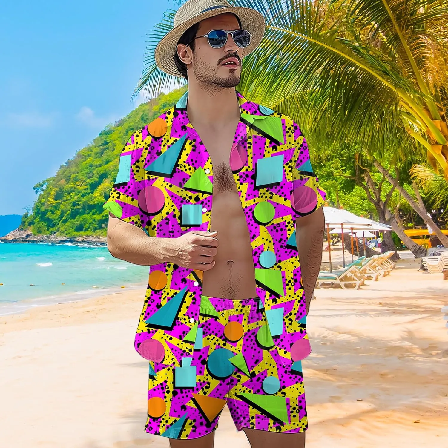 80s 90s Men's Hawaiian Outfits 2 Piece Shirt and Shorts Sets Button Down Beach Suits Disco Party