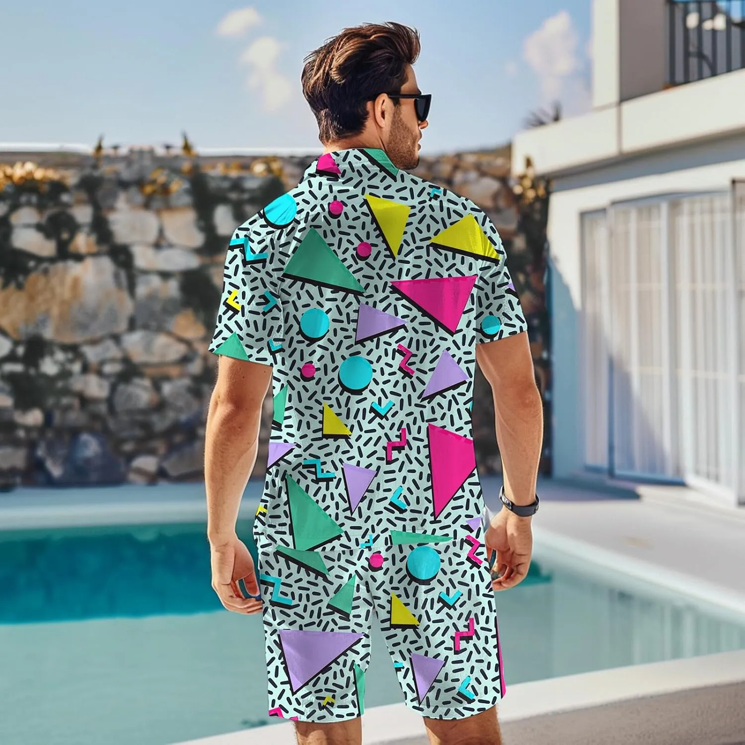 80s 90s Men's Hawaiian Outfits 2 Piece Shirt and Shorts Sets Button Down Beach Suits Disco Party