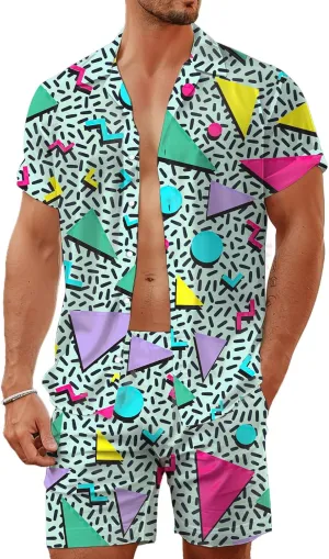 80s 90s Men's Hawaiian Outfits 2 Piece Shirt and Shorts Sets Button Down Beach Suits Disco Party