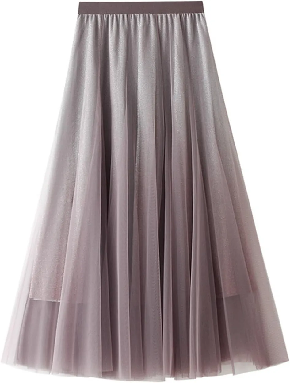 A Line Swing Midi Skirt for Women, Gradient Color Ruffles Pleated Tulle Skirts