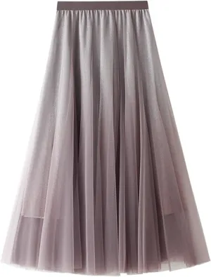A Line Swing Midi Skirt for Women, Gradient Color Ruffles Pleated Tulle Skirts
