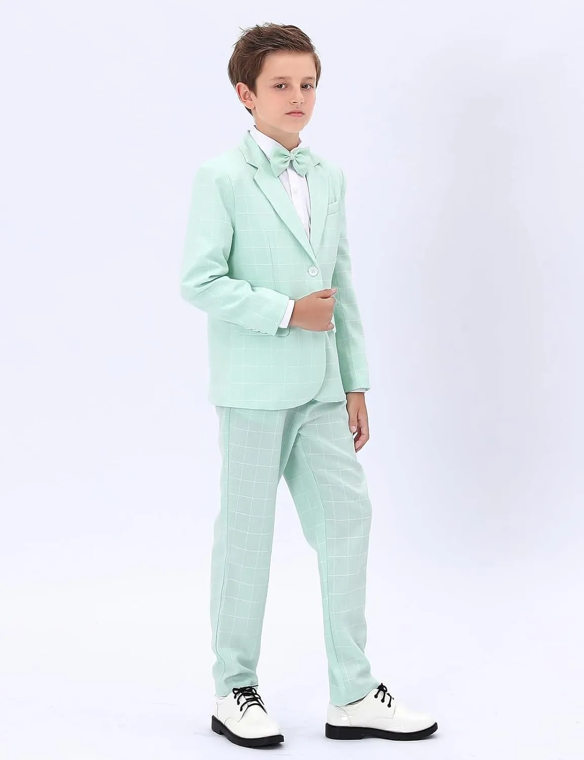 A&J DESIGN Boys' 2-Piece Suits Set Jacket Pants Bow Tie Kids Plaid Formal Outfits