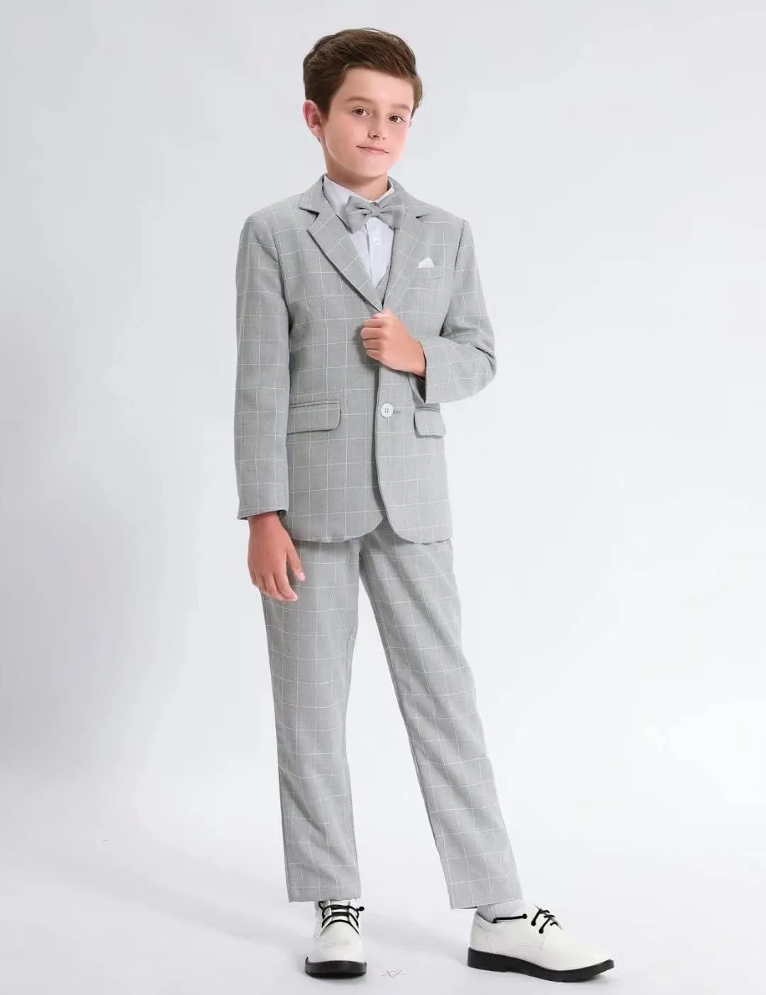 A&J DESIGN Boys' 2-Piece Suits Set Jacket Pants Bow Tie Kids Plaid Formal Outfits