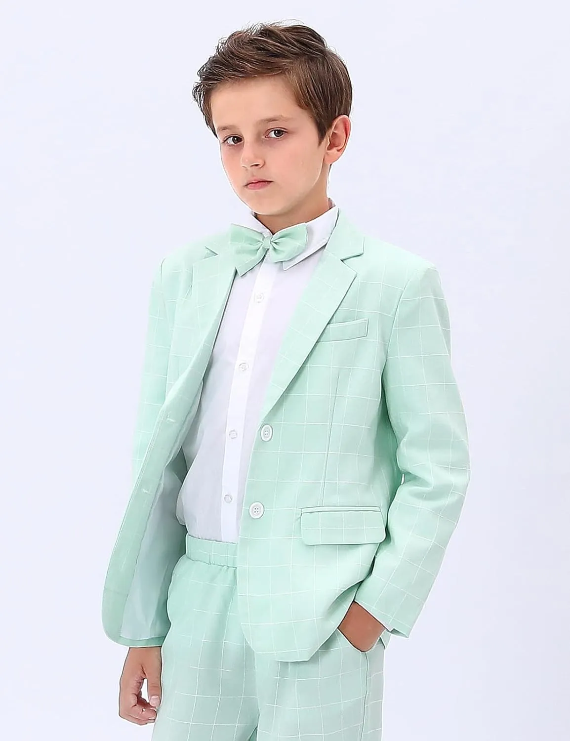 A&J DESIGN Boys' 2-Piece Suits Set Jacket Pants Bow Tie Kids Plaid Formal Outfits