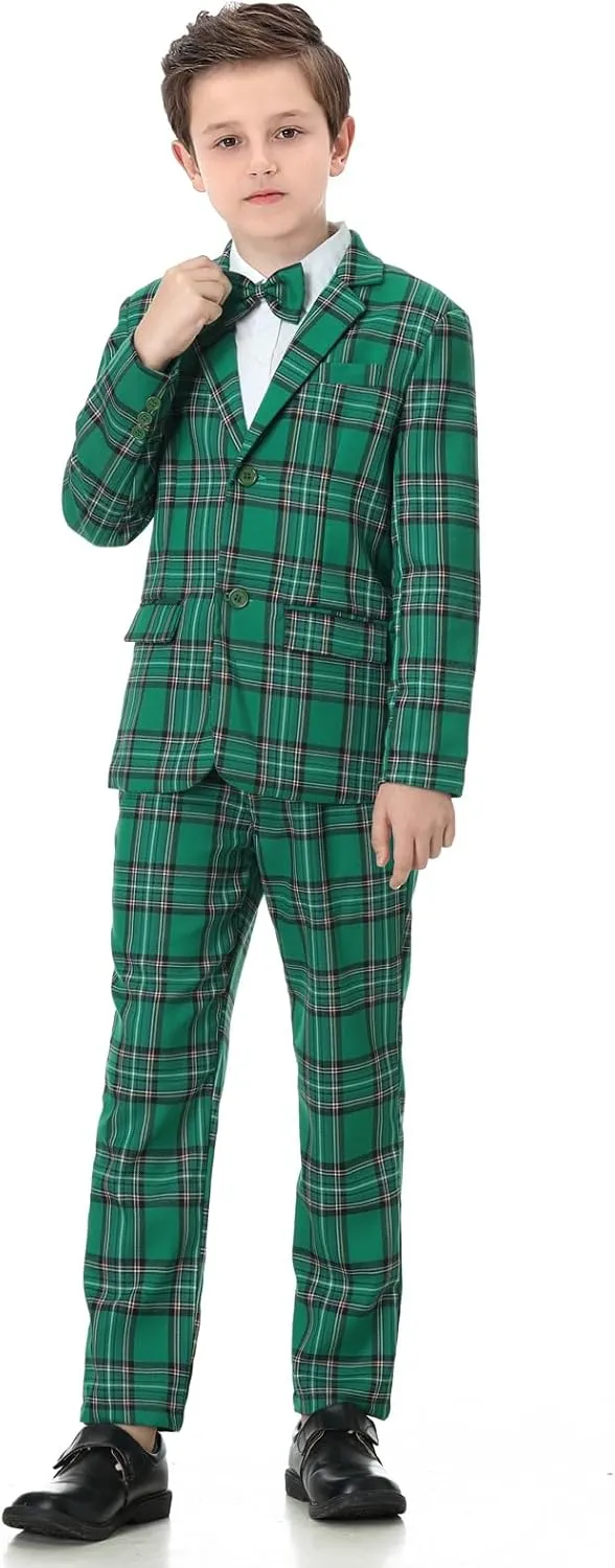 A&J DESIGN Boys' 2-Piece Suits Set Jacket Pants Bow Tie Kids Plaid Formal Outfits