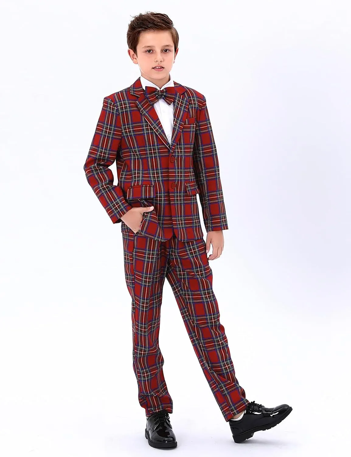 A&J DESIGN Boys' 2-Piece Suits Set Jacket Pants Bow Tie Kids Plaid Formal Outfits