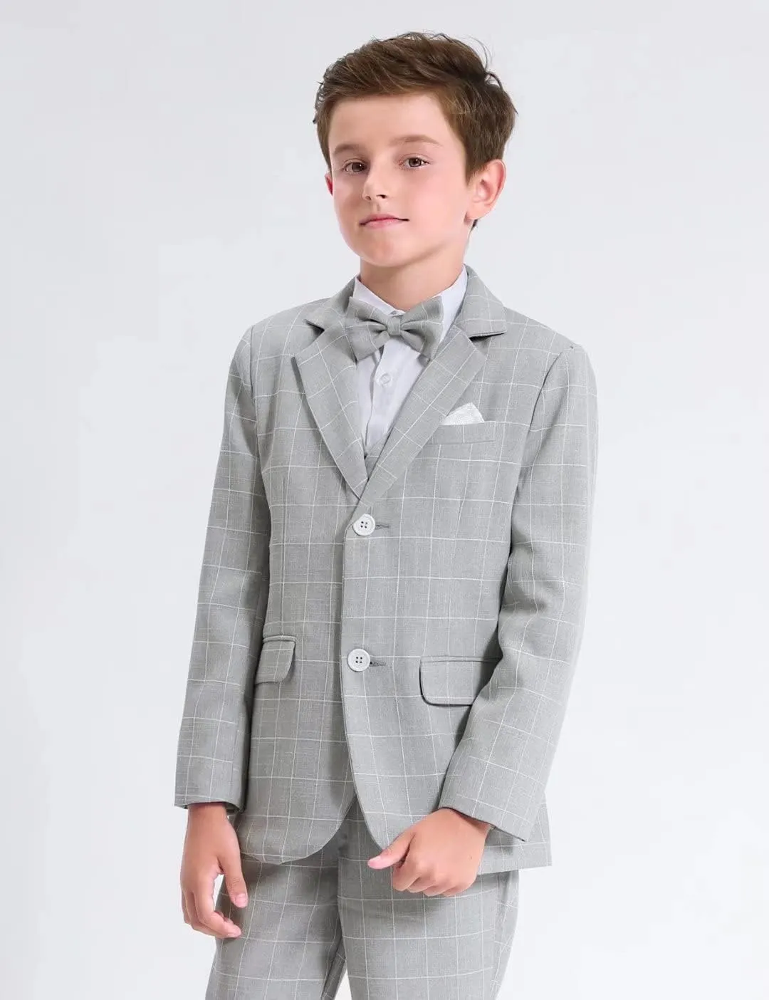 A&J DESIGN Boys' 2-Piece Suits Set Jacket Pants Bow Tie Kids Plaid Formal Outfits