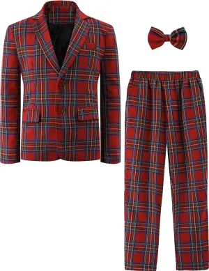 A&J DESIGN Boys' 2-Piece Suits Set Jacket Pants Bow Tie Kids Plaid Formal Outfits